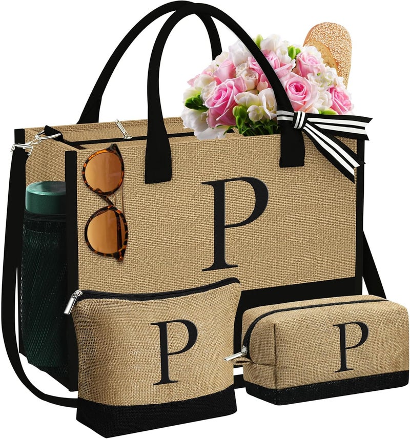 YOOLIFE Gifts for Women - Initial Jute Tote Bag & 2 Makeup Bag, Valentine Day Gifts for Her Women Teacher Wife Mom Friend - Image 1